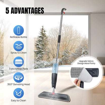 Household Spray Mop with Replaceable Microfiber Pad – 360° Rotating Flat Floor Mop for Wet & Dry Cleaning