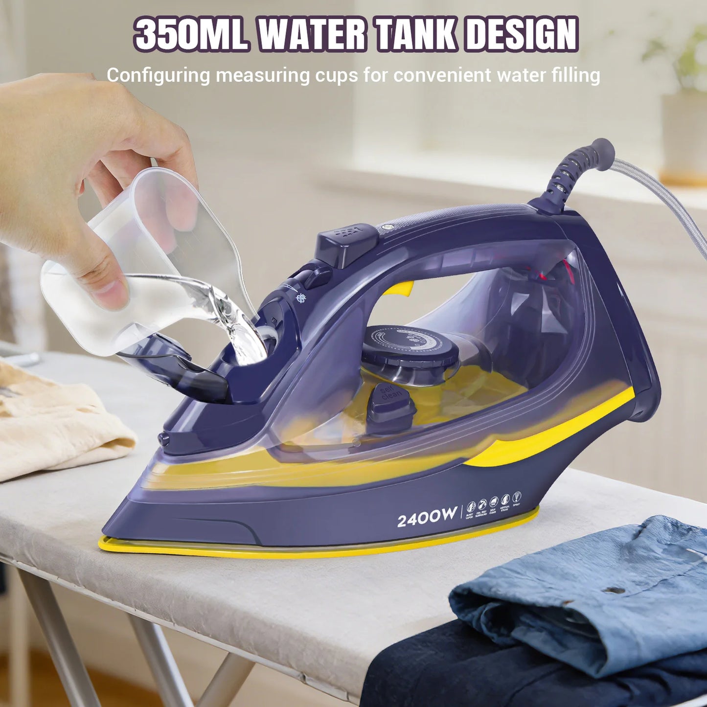Steam Iron with Vertical Steam Function – Non-Stick Stainless Steel Soleplate, 350ml Water Tank, 2400W