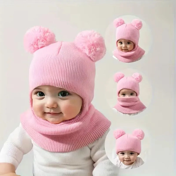 Winter Children's Hooded Knitted Hat with Ear and Neck Protection, Double Ball Warm Cap