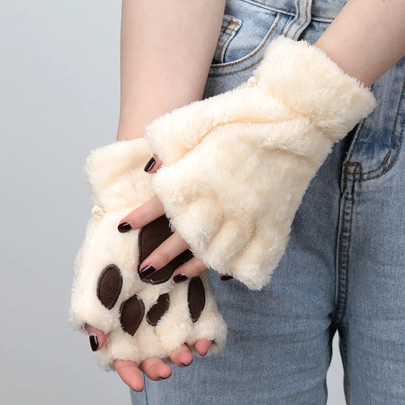 Women’s Plush Cat Paw Gloves, Warm Half-Finger Winter Mittens