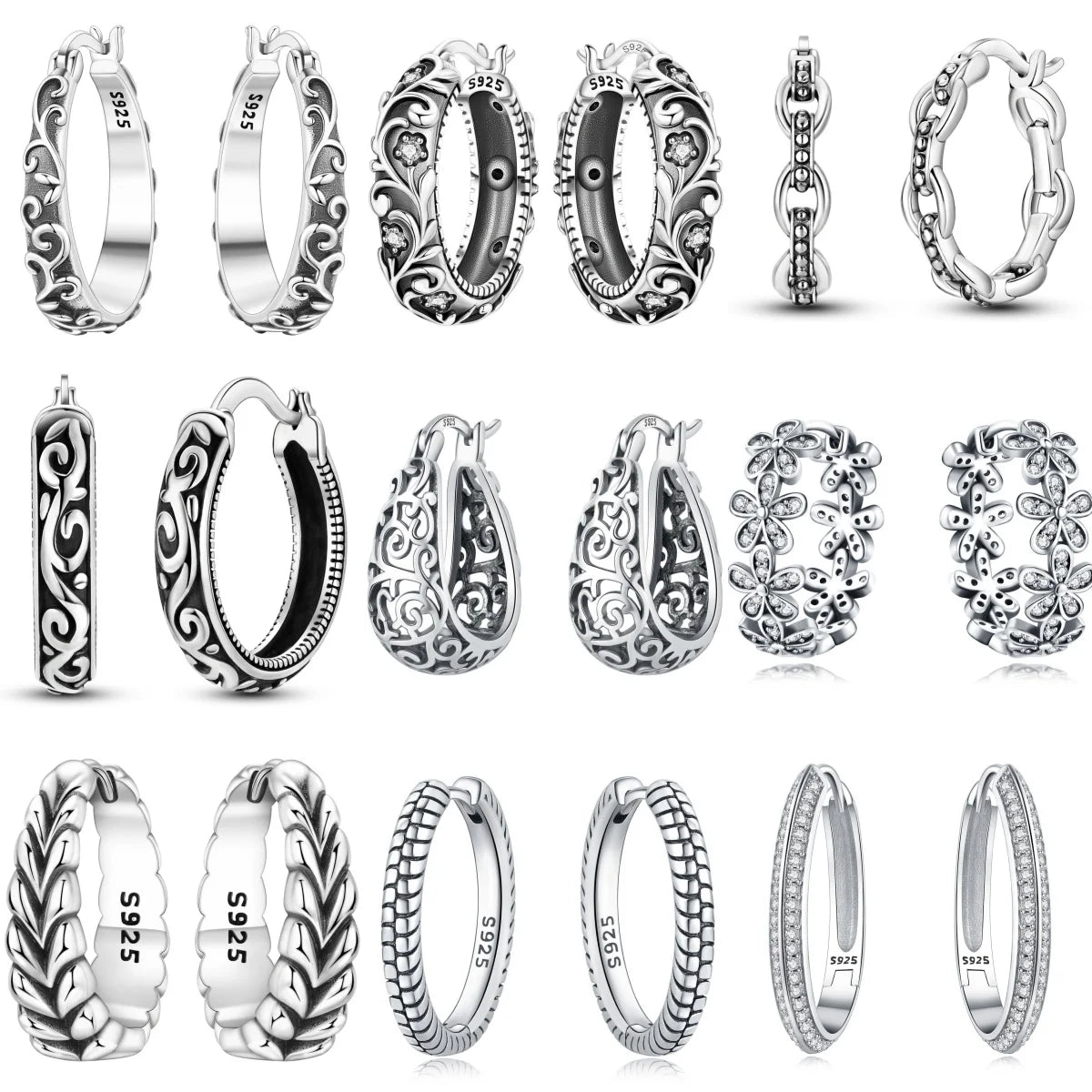 925 Sterling Silver Vintage Floral Hoop Earrings for Women