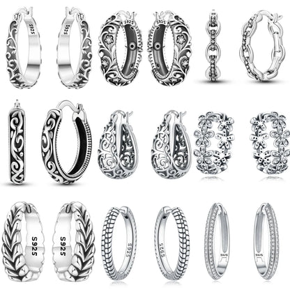925 Sterling Silver Vintage Floral Hoop Earrings for Women