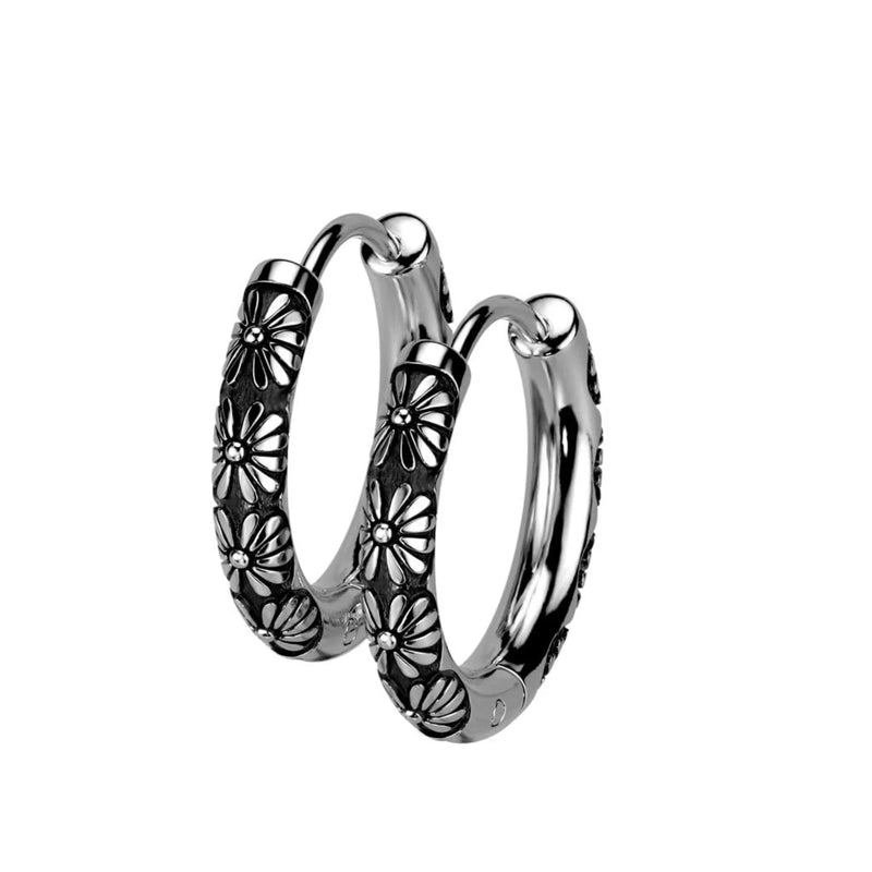 Gothic Floral Surgical Steel Hoop Earrings – Unisex Stainless Steel Jewellery
