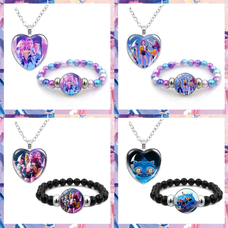 Anime Cartoon Necklace and Bracelet Set – Beaded Jewelry Accessories for Girls