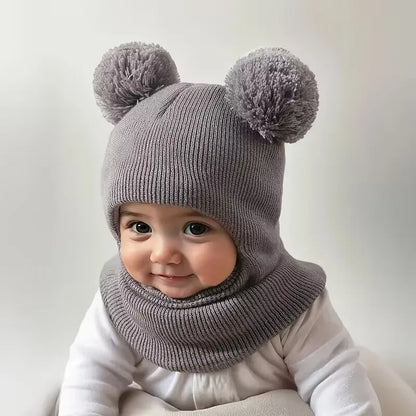 Winter Children's Hooded Knitted Hat with Ear and Neck Protection, Double Ball Warm Cap