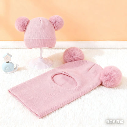 Winter Children's Hooded Knitted Hat with Ear and Neck Protection, Double Ball Warm Cap