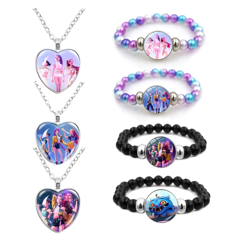 Anime Cartoon Necklace and Bracelet Set – Beaded Jewelry Accessories for Girls
