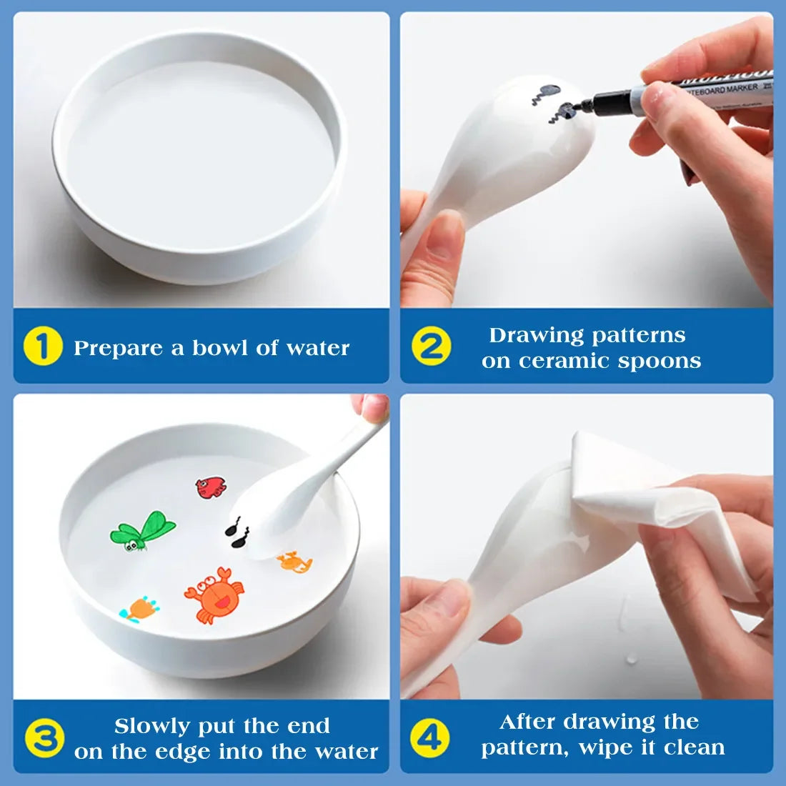Stylos flottants pour enfants – Kit de dessin à l'encre magique avec cuillère pour l'art flottant sur l'eau