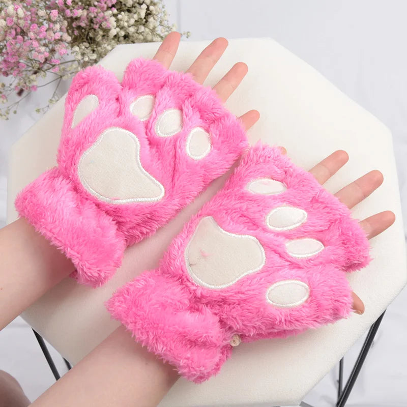 Women’s Plush Cat Paw Gloves, Warm Half-Finger Winter Mittens