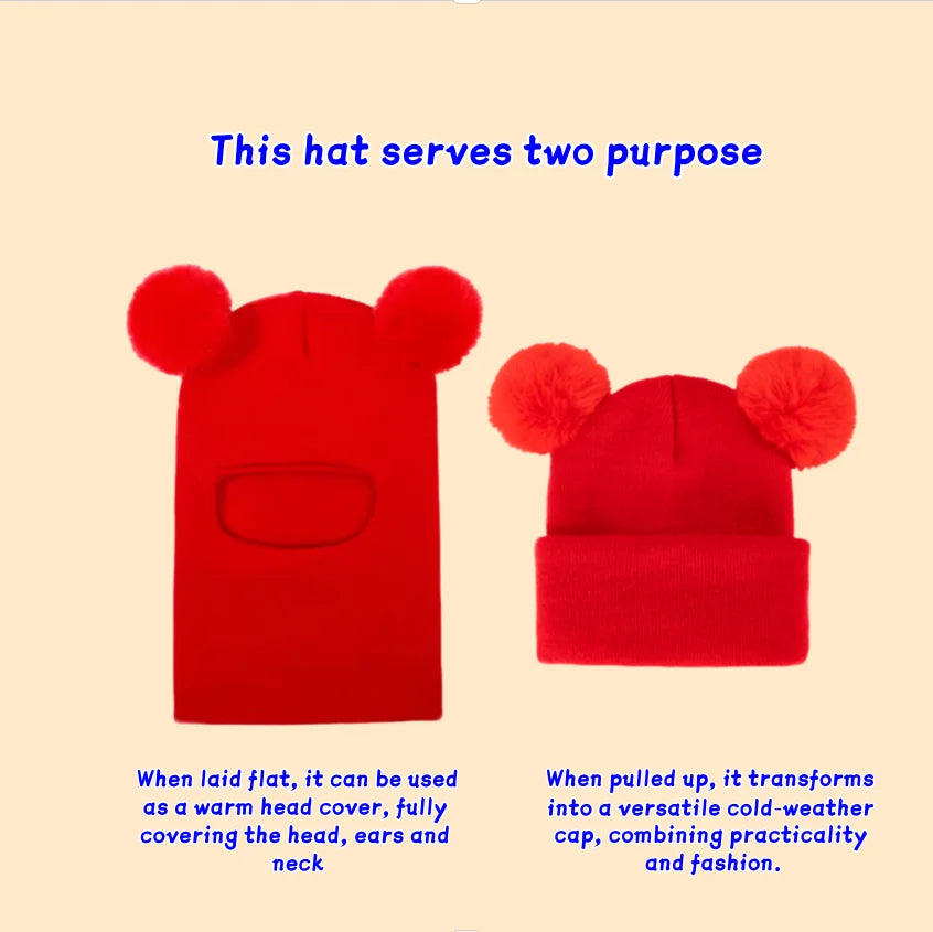 Winter Children's Hooded Knitted Hat with Ear and Neck Protection, Double Ball Warm Cap