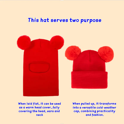 Winter Children's Hooded Knitted Hat with Ear and Neck Protection, Double Ball Warm Cap
