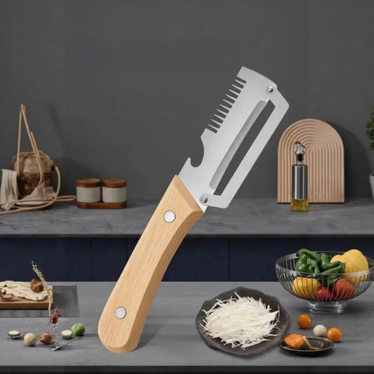 3-in-1 Vegetable Peeler Wooden Handle with Bottle Opener Kitchen Shredder Stainless Steel Peeling Tool for Fruit and Vegetable