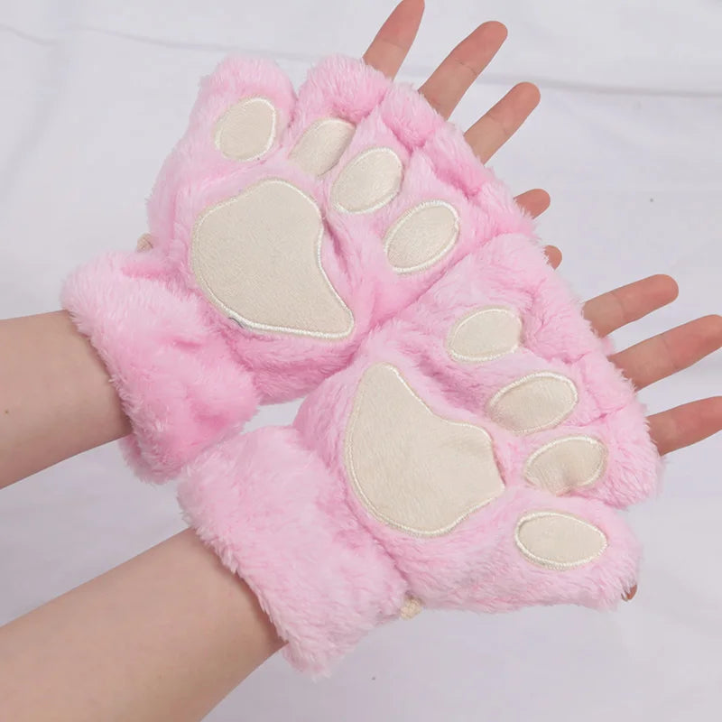 Women’s Plush Cat Paw Gloves, Warm Half-Finger Winter Mittens