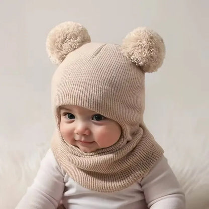 Winter Children's Hooded Knitted Hat with Ear and Neck Protection, Double Ball Warm Cap
