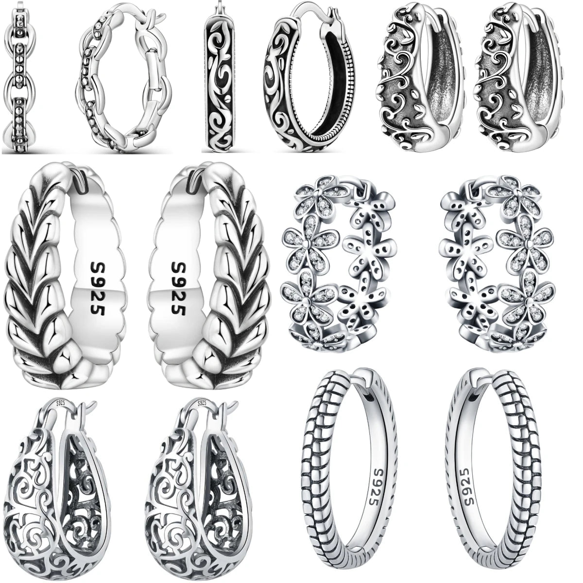 925 Sterling Silver Vintage Floral Hoop Earrings for Women