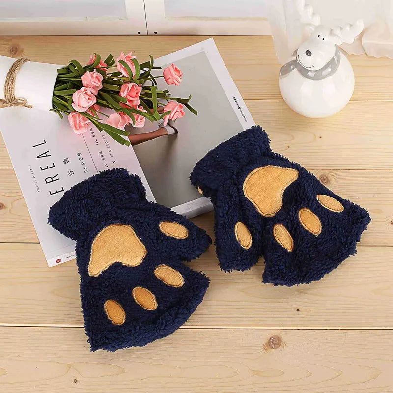 Women’s Plush Cat Paw Gloves, Warm Half-Finger Winter Mittens