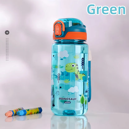 600ml Dinosaur Water Bottle for Kids with Silicone Straw – Leakproof Plastic Drinking Cup