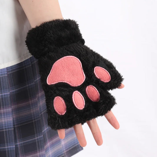 Women’s Plush Cat Paw Gloves, Warm Half-Finger Winter Mittens