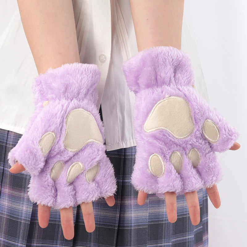 Women’s Plush Cat Paw Gloves, Warm Half-Finger Winter Mittens
