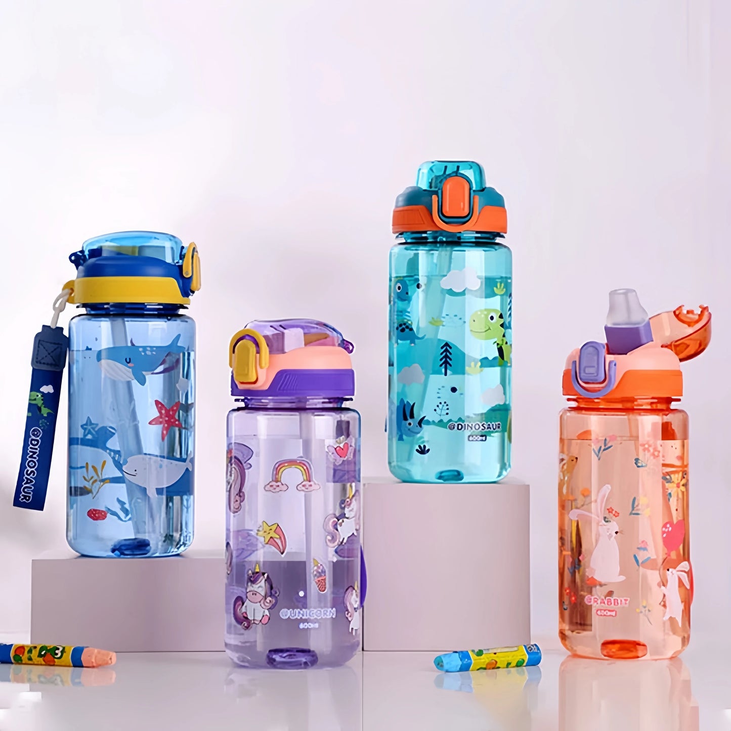 600ml Dinosaur Water Bottle for Kids with Silicone Straw – Leakproof Plastic Drinking Cup
