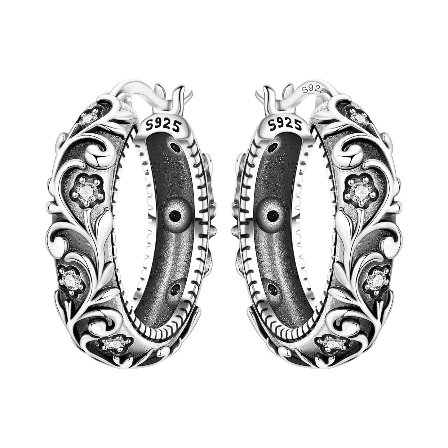 925 Sterling Silver Vintage Floral Hoop Earrings for Women