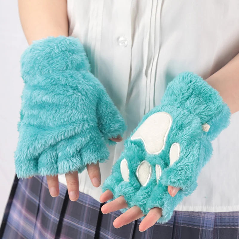 Women’s Plush Cat Paw Gloves, Warm Half-Finger Winter Mittens
