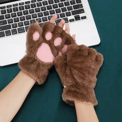 Women’s Plush Cat Paw Gloves, Warm Half-Finger Winter Mittens
