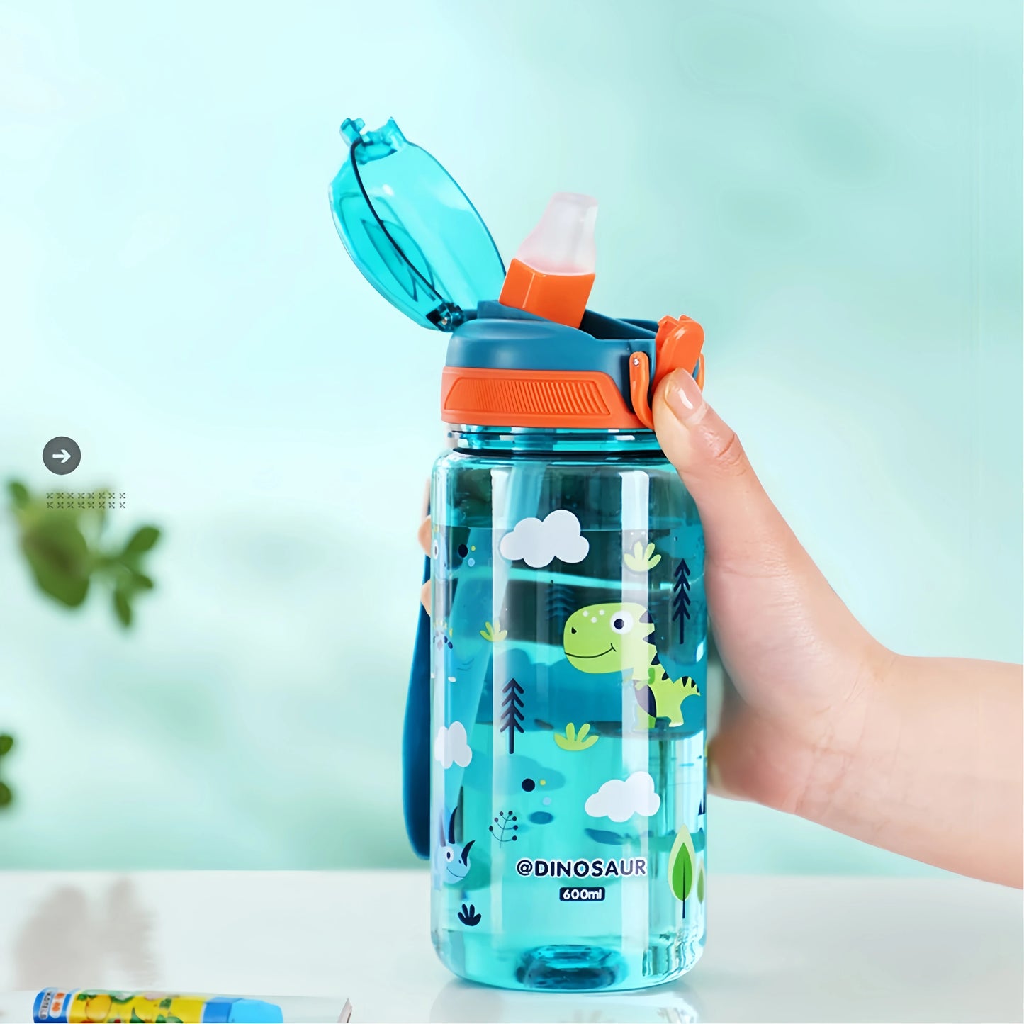 600ml Dinosaur Water Bottle for Kids with Silicone Straw – Leakproof Plastic Drinking Cup