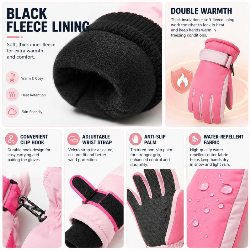 Kids Winter Ski Gloves – Waterproof Windproof Fleece-Lined Gloves for Boys and Girls