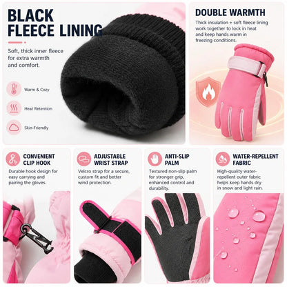 Kids Winter Ski Gloves – Waterproof Windproof Fleece-Lined Gloves for Boys and Girls