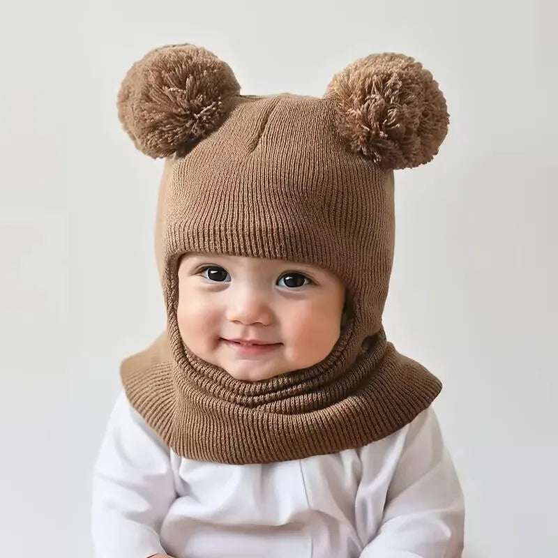 Winter Children's Hooded Knitted Hat with Ear and Neck Protection, Double Ball Warm Cap