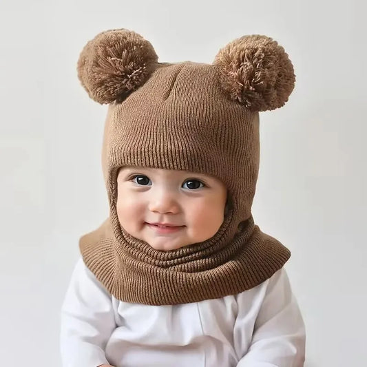 Winter Children's Hooded Knitted Hat with Ear and Neck Protection, Double Ball Warm Cap