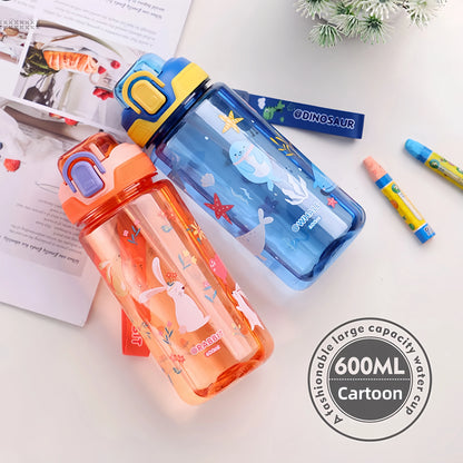 600ml Dinosaur Water Bottle for Kids with Silicone Straw – Leakproof Plastic Drinking Cup