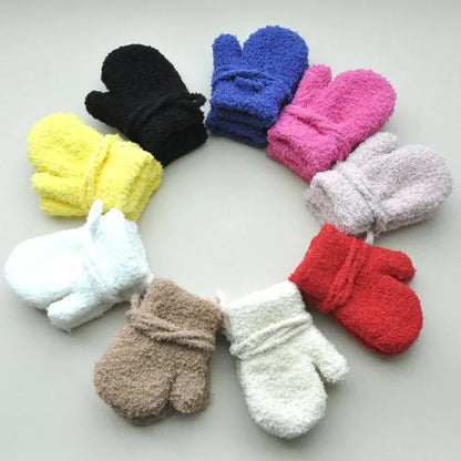 Kids Winter Plush Mittens with Rope – Warm Gloves for Boys and Girls Ages 1–3