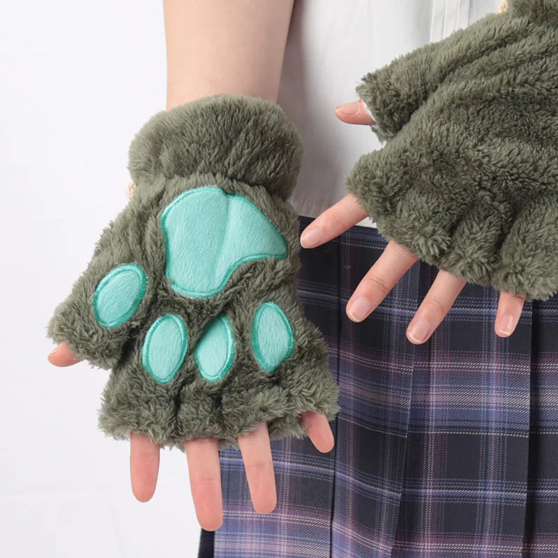 Women’s Plush Cat Paw Gloves, Warm Half-Finger Winter Mittens