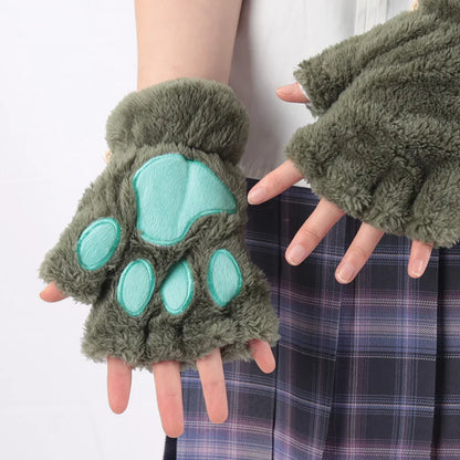 Women’s Plush Cat Paw Gloves, Warm Half-Finger Winter Mittens
