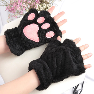 Women’s Plush Cat Paw Gloves, Warm Half-Finger Winter Mittens