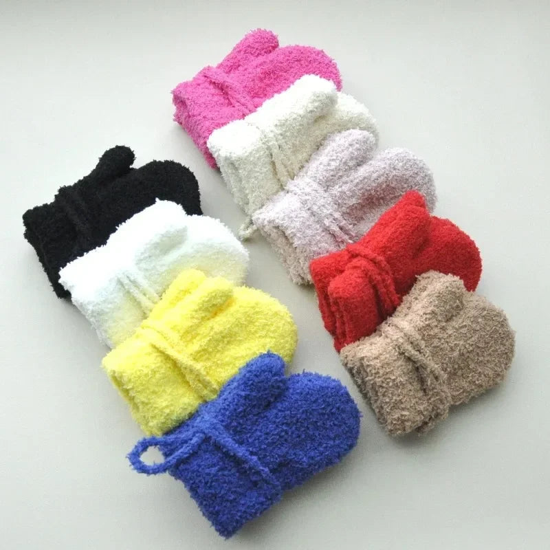 Kids Winter Plush Mittens with Rope – Warm Gloves for Boys and Girls Ages 1–3