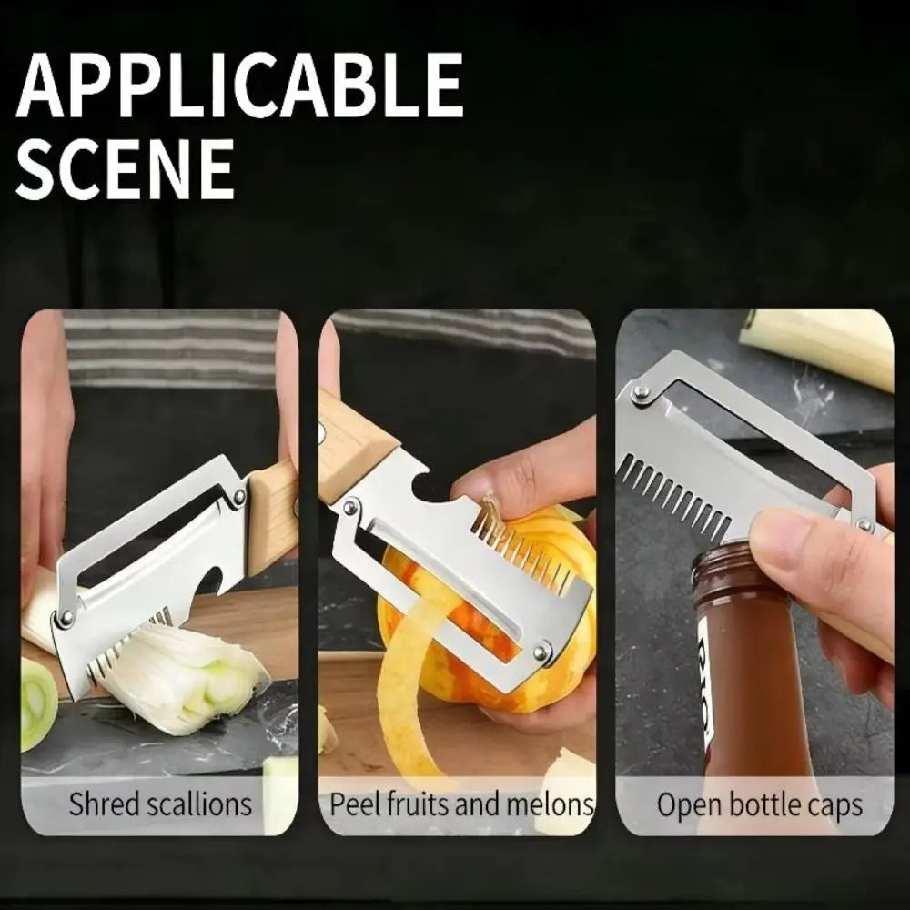 3-in-1 Vegetable Peeler Wooden Handle with Bottle Opener Kitchen Shredder Stainless Steel Peeling Tool for Fruit and Vegetable