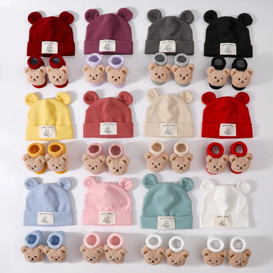 2-Piece Baby Bear Ear Hat and Socks Set – Cotton Knit Warm Accessories for Newborns