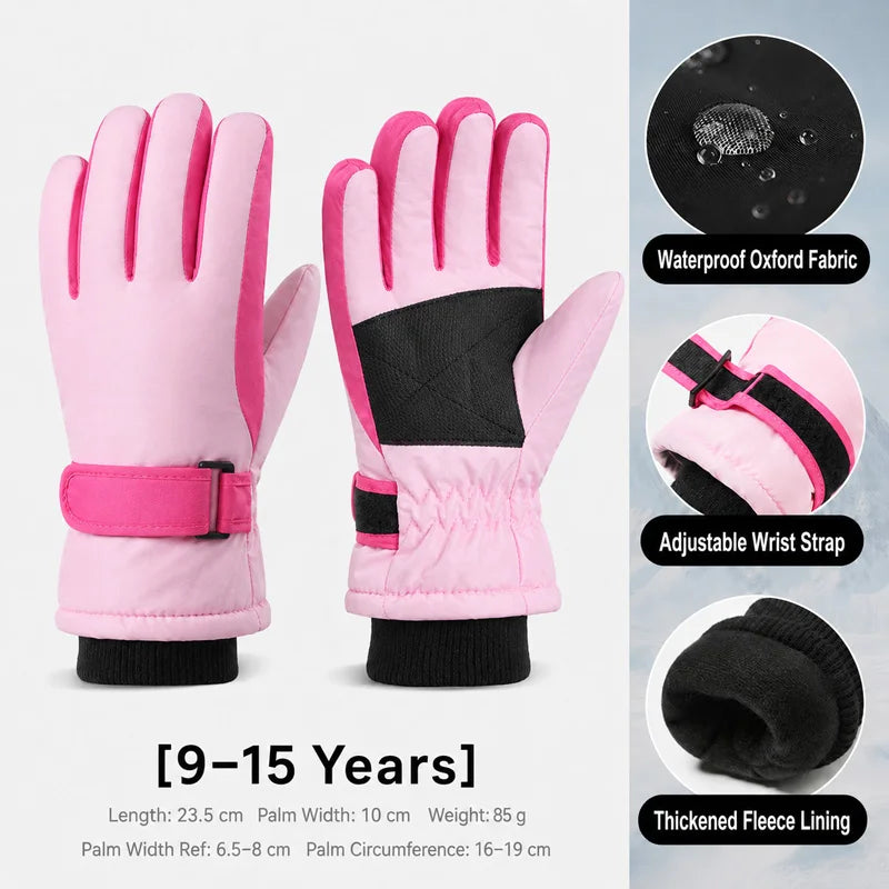 Kids Winter Ski Gloves – Waterproof Windproof Fleece-Lined Gloves for Boys and Girls