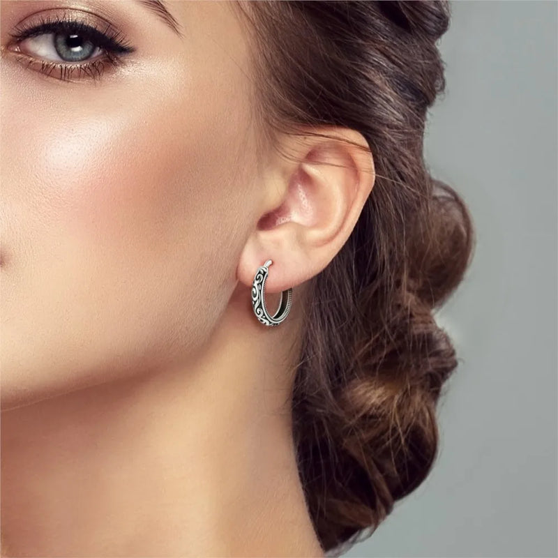 925 Sterling Silver Vintage Floral Hoop Earrings for Women