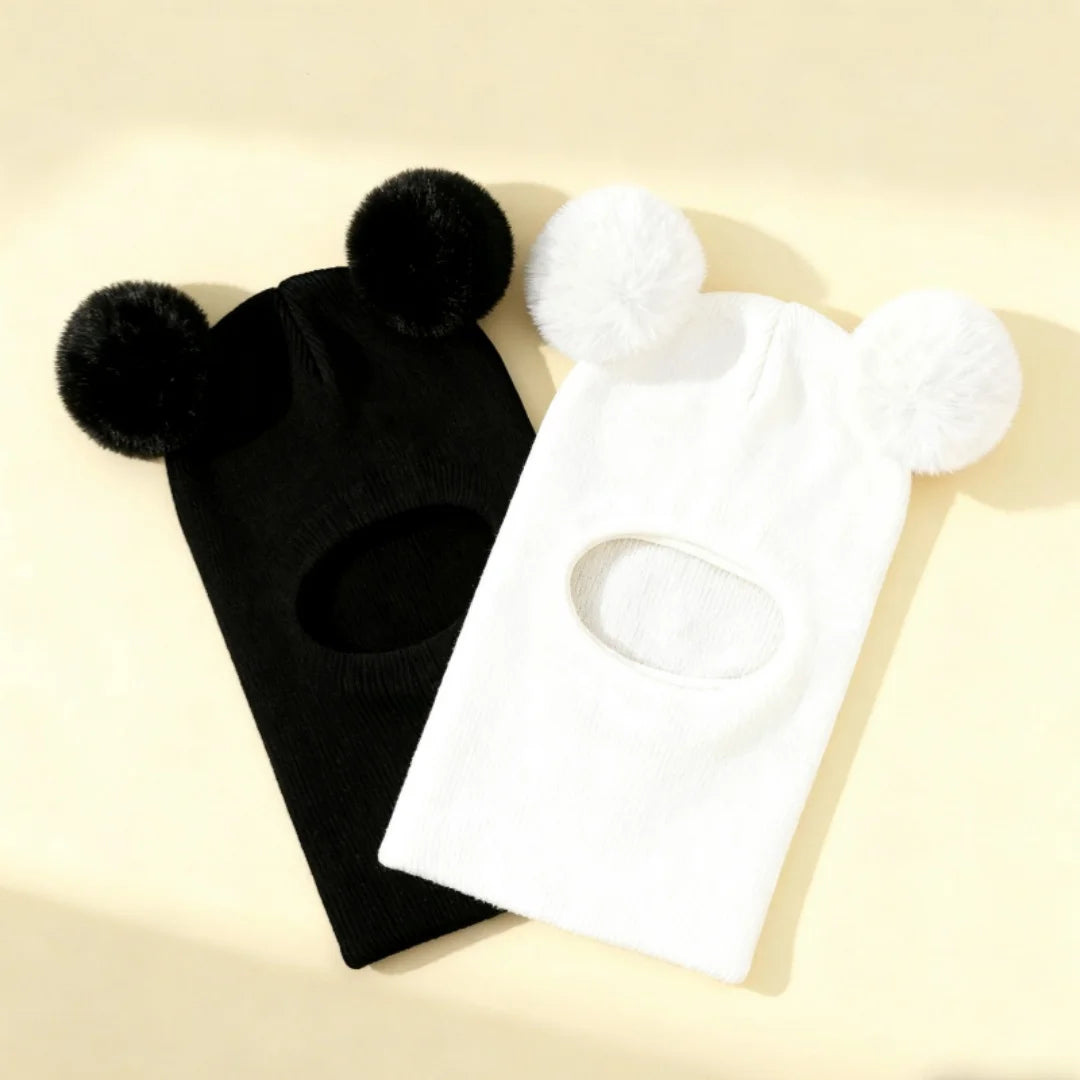 Winter Children's Hooded Knitted Hat with Ear and Neck Protection, Double Ball Warm Cap