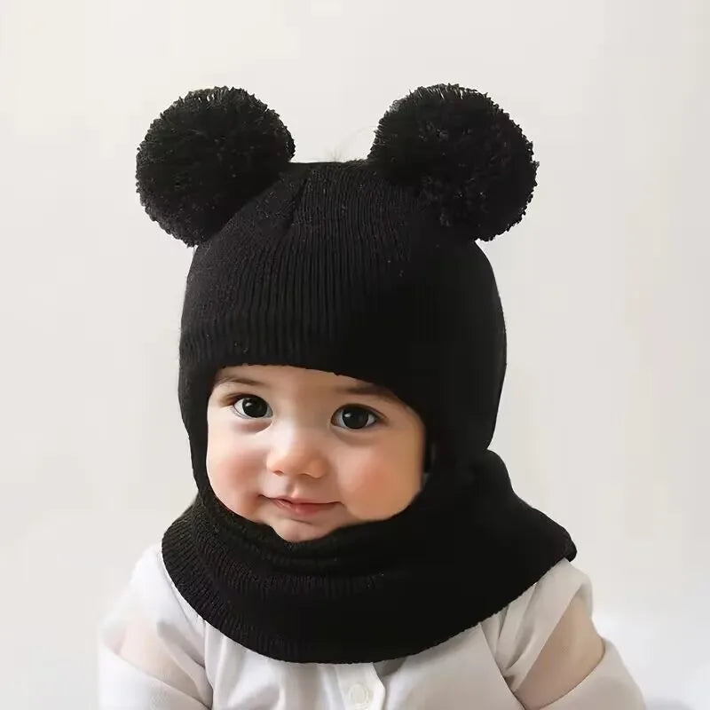 Winter Children's Hooded Knitted Hat with Ear and Neck Protection, Double Ball Warm Cap