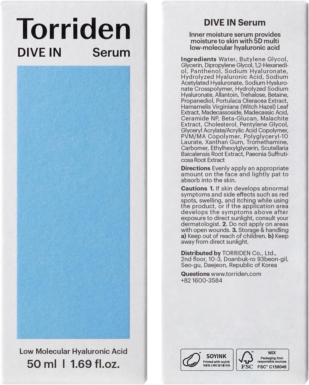 Torriden DIVE-IN Hyaluronic Acid Serum 50ml – Low Molecular Hyaluronic Acid Facial Serum