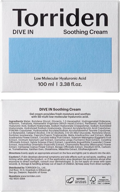 Torriden DIVE-IN Low Molecular Hyaluronic Acid Soothing Cream 100ml